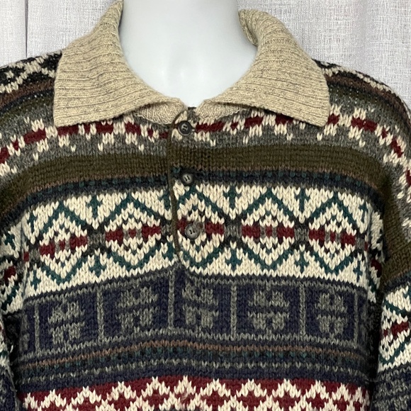 Woolrich Wool Blend Sweater Nordic Apres Ski  Henley Collar Chunky  Mens L Green - Picture 2 of 5